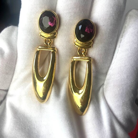 Vintage 80s 90s Gold Toned Pierced Earrings Purple Stone Door Knocker Regency - Picture 1 of 7